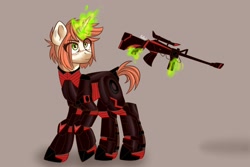 Size: 1280x854 | Tagged: safe, artist:xwosya, imported from derpibooru, oc, oc only, oc:flicker beat, pony, unicorn, fallout equestria, fallout equestria: project horizons, armor, fanfic art, female, freckles, gun, horn, magic, power armor, simple background, solo, unicorn oc, weapon