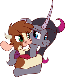 Size: 1056x1243 | Tagged: safe, artist:redahfuhrerking, imported from derpibooru, classical unicorn, cow, pony, unicorn, them's fightin' herds, arizona (tfh), curved horn, duo, horn, hug, looking at each other, looking at someone, oleander (tfh), simple background, transparent background