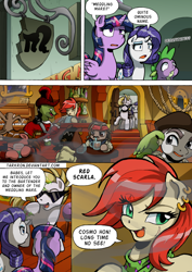 Size: 1204x1700 | Tagged: safe, artist:tarkron, imported from derpibooru, rarity, spike, twilight sparkle, oc, oc:cosmo cool, oc:red scarla, alicorn, bird, dragon, earth pony, monkey, parrot, parrot pirates, pony, unicorn, comic:the royal sandal, comic, ear piercing, earring, jewelry, piercing, pirate, speech bubble, twilight sparkle (alicorn)