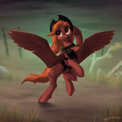 Size: 2000x2000 | Tagged: safe, artist:shido-tara, imported from derpibooru, oc, oc only, oc:calamity, pegasus, pony, fallout equestria, bag, belts, female, hat, high res, mare, pegasus oc, rule 63, solo, spread wings, wings