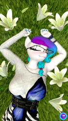 Size: 2160x3840 | Tagged: safe, artist:pootanger_sfm, imported from derpibooru, oc, oc only, oc:aurora starling, anthro, earth pony, 3d, blushing, breasts, busty oc, cute, earth pony oc, eyes closed, female, flower, glasses, grass, grass field, high res, lying down, mare, ocbetes, on back, relaxed, relaxed face, relaxing, smiling, solo, zebra print