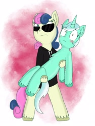 Size: 1536x2048 | Tagged: safe, artist:princessmufnart, imported from derpibooru, bon bon, lyra heartstrings, sweetie drops, earth pony, pony, unicorn, agent, bipedal, blushing, bridal carry, carrying, clothes, female, lesbian, lyrabon, secret agent sweetie drops, shipping, suit, sunglasses, wide eyes