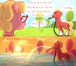 Size: 3000x2600 | Tagged: safe, artist:bubblepurity, imported from derpibooru, sprout cloverleaf, earth pony, fish, pony, blonde, cloud, duo, female, flood, g5, grammar error, grass, grass field, green eyes, high res, male, mare, missing cutie mark, mommy, mother and child, mother and son, mouth hold, my little pony: a new generation, one ear down, phyllis cloverleaf, sky, stallion, sun, sunlight, sunset, tree, watering, watermark