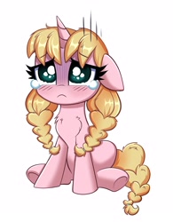 Size: 2592x3330 | Tagged: safe, artist:confetticakez, imported from derpibooru, oc, oc only, oc:caramel malt, pony, unicorn, big eyes, chest fluff, crying, cute, eyebrows, eyebrows visible through hair, eyelashes, female, filly, frown, high res, horn, ocbetes, pigtails, pink coat, sad, sadorable, simple background, sitting, solo, tail, underhoof, unicorn oc, white background, yellow mane, yellow tail