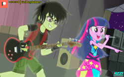 Size: 1024x640 | Tagged: safe, artist:uzzi-ponydubberx, imported from derpibooru, twilight sparkle, oc, oc:flamin' rage, equestria girls, rainbow rocks, bass guitar, canon x oc, duo, duo male and female, female, grin, guitar, male, male and female, microphone, musical instrument, open mouth, open smile, pointing, rainbow rocks outfit, rock (music), rock and roll, singing, sleeveless, smiling