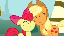 Size: 1152x648 | Tagged: safe, imported from derpibooru, screencap, apple bloom, applejack, earth pony, pony, ponyville confidential, season 2, ^^, adorabloom, cute, duo, duo female, eyes closed, female, jackabetes, nuzzling, reconciliation, smiling