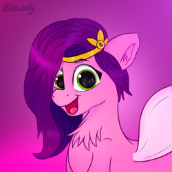 Size: 1000x1000 | Tagged: safe, artist:tierwidy, imported from derpibooru, pipp petals, pegasus, pony, adorapipp, bust, chest fluff, cute, digital art, female, g5, green eyes, happy, mare, my little pony: a new generation, open mouth, portrait, simple background, solo