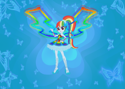 Size: 1221x869 | Tagged: safe, artist:selenaede, artist:user15432, imported from derpibooru, rainbow dash, fairy, equestria girls, alternate hairstyle, base used, butterflix, clothes, colored wings, crossover, dress, fairy wings, fairyized, female, gradient wings, hand on hip, high heels, lipstick, long hair, looking at you, multicolored wings, ponied up, ponytail, rainbow dress, rainbow wings, shoes, smiling, smiling at you, solo, wings, winx, winx club, winxified