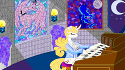 Size: 1272x710 | Tagged: safe, artist:mana minori, imported from derpibooru, princess luna, oc, oc:guiding light, alicorn, unicorn, blue, brick, candle, castle, clothes, crescent, curls, curly mane, g4, glass, hair, key, keyboard, light, moon, moonlight, music inspired, musical instrument, night, organ, painting, piano, pipe organ, princess, sitting, soft, sonata, stained glass, suit, tapestry, white, window