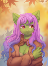 Size: 876x1200 | Tagged: safe, artist:margony, imported from derpibooru, oc, oc only, anthro, anthro oc, autumn, breasts, cleavage, clothes, ear fluff, leaves, solo