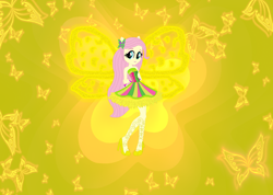 Size: 1220x868 | Tagged: safe, artist:selenaede, artist:user15432, imported from derpibooru, fluttershy, fairy, equestria girls, alternate hairstyle, bare shoulders, base used, butterflix, clothes, crossover, dress, fairy wings, fairyized, green dress, hand on arm, high heels, long hair, ponied up, shoes, sleeveless, solo, wings, winx, winx club, winxified, yellow wings