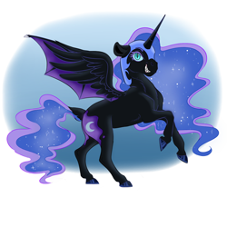 Size: 1200x1200 | Tagged: safe, artist:cocadoodles, artist:cocadoodles1, imported from derpibooru, nightmare moon, alicorn, pony, doodle, female, horn, hybrid wings, mare, partial background, rearing, simple background, solo, wings