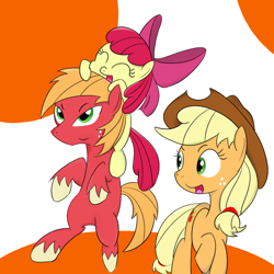 Size: 600x600 | Tagged: safe, artist:鴎のタマゴ, imported from derpibooru, apple bloom, applejack, big macintosh, earth pony, pony, adorabloom, apple bloom riding big macintosh, apple siblings, apple sisters, brother and sister, cute, female, filly, happy, male, mare, siblings, sisters, stallion, unshorn fetlocks