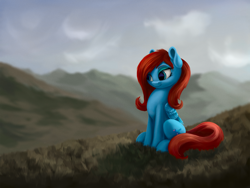 Size: 3000x2250 | Tagged: dead source, safe, artist:flusanix, imported from derpibooru, oc, oc only, oc:sea feather, pegasus, pony, female, folded wings, grass, high res, mare, mountain, outdoors, pegasus oc, scenery, sitting, smiling, solo, tail, wings