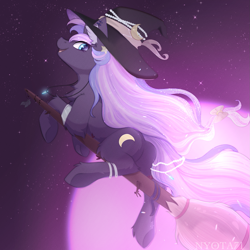 Size: 1389x1389 | Tagged: safe, artist:nyota71, imported from derpibooru, oc, oc only, oc:indigo, pony, unicorn, broom, butt, chest fluff, commission, flower, flying, flying broomstick, hat, looking at you, moon, moonlight, night, night sky, plot, sky, smiling, solo, witch hat, ych result