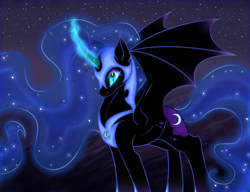 Size: 2600x2000 | Tagged: safe, artist:bennythebunny95, imported from derpibooru, nightmare moon, alicorn, pony, bat wings, curved horn, female, high res, horn, night, night sky, sky, solo, wings