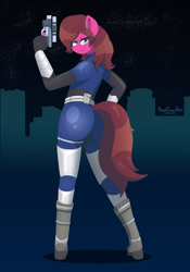 Size: 3500x5000 | Tagged: safe, artist:aarondrawsarts, imported from derpibooru, oc, oc only, oc:rose bloom, anthro, absurd resolution, anthro oc, ass, bedroom eyes, butt, clothes, commissioner:reversalmushroom, cosplay, costume, eye clipping through hair, eyebrows, eyebrows visible through hair, female, gun, looking at you, looking back, looking back at you, perfect dark, sexy, smiling, smiling at you, solo, spy, tight clothing, weapon
