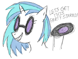 Size: 447x337 | Tagged: safe, artist:askpinkiepieandfriends, imported from derpibooru, dj pon-3, vinyl scratch, pony, unicorn, bust, female, mare, record, simple background, sketch, smiling, solo, sunglasses, white background