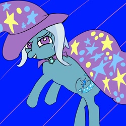 Size: 1280x1280 | Tagged: safe, artist:tiberiusmcshatsky, imported from derpibooru, trixie, pony, unicorn, looking at you, magician, magician outfit, simple background, smiling, solo, white pupils