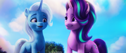 Size: 2560x1071 | Tagged: safe, artist:annaxeptable, edit, edited screencap, imported from derpibooru, screencap, starlight glimmer, trixie, pony, unicorn, spoiler:my little pony: a new generation, duo, duo female, female, g4, g4 to g5, g5, g5 movie accurate, grin, mare, my little pony: a new generation, open mouth, open smile, outdoors, sky, smiling