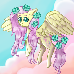 Size: 1000x1000 | Tagged: safe, artist:naivenonsense, imported from derpibooru, fluttershy, pegasus, pony, cloud, cute, daaaaaaaaaaaw, female, flower, flower in hair, flower in tail, flying, shyabetes, solo, tail