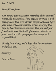 Size: 560x718 | Tagged: safe, artist:sveta kuklina, imported from derpibooru, twist, earth pony, pony, axe, crossover, female, filly, glasses, grass, implied anon, lauren faust, letter, peanuts, simple background, text, weapon