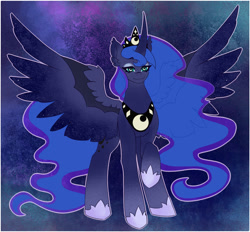 Size: 1024x949 | Tagged: safe, artist:sawberrykiss, imported from derpibooru, princess luna, alicorn, pony, abstract background, big horn, curved horn, female, horn, night, night sky, ponytober, sky, solo, spread wings, wings