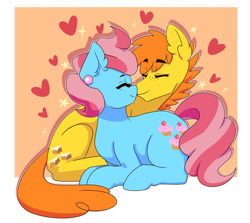 Size: 1024x913 | Tagged: safe, artist:sawberrykiss, imported from derpibooru, carrot cake, cup cake, earth pony, pony, duo, eyes closed, female, heart, lying down, male, ponytober, prone, shipping, straight