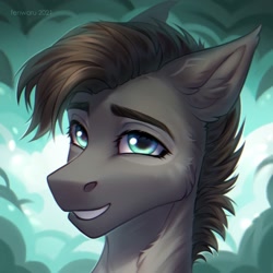 Size: 2000x2000 | Tagged: safe, artist:fenwaru, imported from derpibooru, oc, oc only, oc:croaker, earth pony, pony, abstract background, blue eyes, bust, ear fluff, earth pony oc, eyebrows, eyelashes, grin, high res, looking at you, portrait, smiling, smiling at you, solo, teeth, watermark