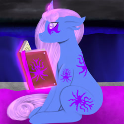 Size: 3000x3000 | Tagged: safe, artist:saint boniface, imported from derpibooru, oc, oc only, oc:arcānus, pony, unicorn, book, female, glowing, glowing horn, high res, horn, magic, mare, reading, sitting, solo, telekinesis, unicorn oc