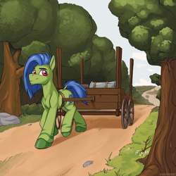 Size: 2000x2000 | Tagged: safe, artist:kirasunnight, imported from derpibooru, oc, oc only, oc:misty brook, pony, forest, high res, male, path, road, solo, tree, wagon