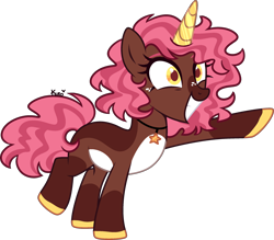 Size: 2385x2085 | Tagged: safe, artist:kurosawakuro, imported from derpibooru, oc, oc only, oc:choco crisp, pony, unicorn, base used, coat markings, colored hooves, colored horn, female, freckles, friends of infinity, high res, horn, jewelry, mare, necklace, offspring, pale belly, parent:cheese sandwich, parent:pinkie pie, parents:cheesepie, simple background, solo, transparent background, white belly