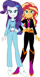 Size: 1764x3400 | Tagged: safe, artist:limedazzle, imported from derpibooru, rarity, sunset shimmer, equestria girls, boots, clothes, dreamworks face, duo, duo female, female, grin, hand on hip, high heel boots, high heels, high res, irl, irl human, jacket, looking at you, midriff, pants, photo, shoes, simple background, smiling, smiling at you, sports bra, transparent background, vector