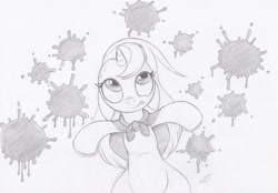 Size: 1037x723 | Tagged: safe, artist:sherwoodwhisper, imported from derpibooru, oc, oc only, oc:eri, pony, unicorn, cape, clothes, female, filly, inktober, inktober 2021, monochrome, simple background, solo, splat, splatter, white background