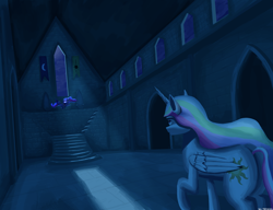 Size: 3250x2500 | Tagged: safe, artist:vezja, imported from derpibooru, princess celestia, princess luna, pony, princess twilight sparkle (episode), angry, banner, castle of the royal pony sisters, ethereal mane, female, high res, mare, moonlight, night, pillar, stairs, throne, window