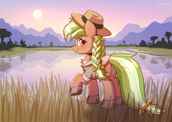 Size: 3508x2480 | Tagged: safe, artist:dandy, imported from derpibooru, oc, oc only, oc:sylvia evergreen, pegasus, pony, blushing, boots, braided pigtails, clothes, freckles, hair tie, hat, high res, lake, looking at you, looking back, looking back at you, nature, park ranger, shirt, shoes, sunset
