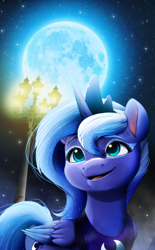 Size: 2480x4000 | Tagged: safe, artist:dormin-dim, imported from derpibooru, princess luna, alicorn, pony, crown, cute, female, full moon, g4, g4 to g5, g5, happy, jewelry, lamp, lunabetes, mare, moon, my little pony: a new generation, open mouth, open smile, regalia, s1 luna, smiling, solo, style emulation