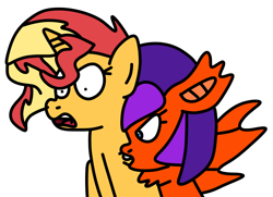 Size: 830x601 | Tagged: safe, artist:jadeharmony, imported from derpibooru, sunset shimmer, oc, oc:jade harmony, bat pony, pony, unicorn, equestria girls, bat ponified, biting, canon x oc, chest fluff, female, lesbian, mare, neck biting, open mouth, race swap, shipping, simple background, transparent background
