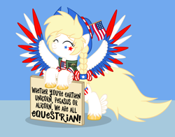 Size: 1400x1100 | Tagged: safe, artist:starspangledpony, imported from derpibooru, oc, oc only, oc:star spangle, pegasus, pony, american flag, argument in the comments, eyes closed, female, g5, mare, my little pony: a new generation, nation ponies, patriotic, pegasus oc, ponified, sign, smiling, solo, spread wings, wings