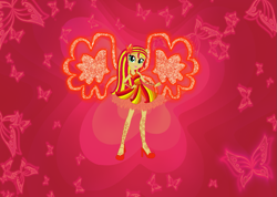 Size: 1221x869 | Tagged: safe, artist:selenaede, artist:user15432, imported from derpibooru, sunset shimmer, fairy, equestria girls, alternate hairstyle, base used, boots, butterflix, clothes, crossover, dress, fairy wings, fairyized, gloves, hand on hip, high heels, long hair, motorcross, orange wings, ponied up, red dress, shoes, solo, wings, winx, winx club, winxified