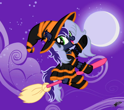 Size: 2200x1952 | Tagged: safe, artist:princessmoonsilver, imported from derpibooru, oc, oc only, oc:krystel, pony, unicorn, broom, clothes, costume, flying, flying broomstick, halloween, halloween costume, hat, holiday, moon, night, solo, witch, witch hat