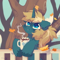 Size: 2000x2000 | Tagged: safe, artist:mirtash, imported from derpibooru, oc, oc only, oc:maple parapet, pony, unicorn, autumn, chocolate, cup, fence, food, hot chocolate, leaves, looking up, solo, tree, unshorn fetlocks