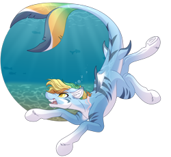 Size: 4014x3690 | Tagged: safe, artist:amazing-artsong, imported from derpibooru, oc, oc only, fish, hybrid, merpony, art trade, bubble, crepuscular rays, fangs, fish tail, flowing tail, gills, ocean, open mouth, simple background, solo, sunlight, swimming, tail, teeth, transparent background, underwater, water, yellow eyes