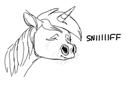 Size: 1112x748 | Tagged: safe, artist:hereformares, lyra heartstrings, pony, unicorn, dilated nostrils, eyes closed, monochrome, simple background, sniffing, whiskers
