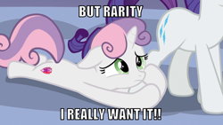 Size: 1066x600 | Tagged: safe, edit, edited screencap, editor:twi clown, imported from derpibooru, screencap, rarity, sweetie belle, pony, unicorn, marks for effort, caption, cute, female, filly, floppy ears, image macro, leg grab, mare, sad, siblings, sisters, text