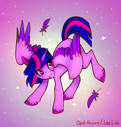 Size: 4500x4728 | Tagged: safe, artist:docwario, artist:opalacorn, imported from derpibooru, twilight sparkle, alicorn, pony, absurd resolution, collaboration, colored wings, eye clipping through hair, feather, female, looking back, mare, smiling, solo, spread wings, twilight sparkle (alicorn), twitober, two toned wings, wings