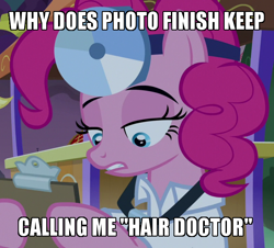 Size: 598x540 | Tagged: safe, imported from derpibooru, screencap, pinkie pie, pony, the summer sun setback, caption, clothes, doctor, female, image macro, mare, meme, solo, text