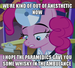 Size: 598x540 | Tagged: safe, edit, edited screencap, imported from derpibooru, screencap, pinkie pie, pony, the summer sun setback, caption, clothes, cropped, doctor, female, head mirror, image macro, lab coat, mare, meme, solo, stethoscope, text