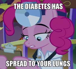 Size: 598x540 | Tagged: safe, edit, edited screencap, imported from derpibooru, screencap, pinkie pie, pony, the summer sun setback, caption, clothes, cropped, doctor, female, head mirror, image macro, lab coat, mare, meme, solo, stethoscope, text