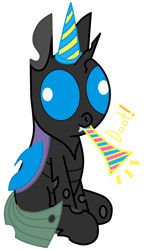 Size: 1154x2000 | Tagged: safe, artist:theunidentifiedchangeling, imported from derpibooru, oc, oc only, oc:[unidentified], changeling, changeling oc, derp, digital art, doot, foal, happy birthday mlp:fim, hat, horn, male, mlp fim's eleventh anniversary, party hat, party horn, simple background, sitting, solo, transparent background, wings